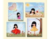 Children art prints set of 4, nature inspired kids wall art, girls nursery art, playroom wall decor