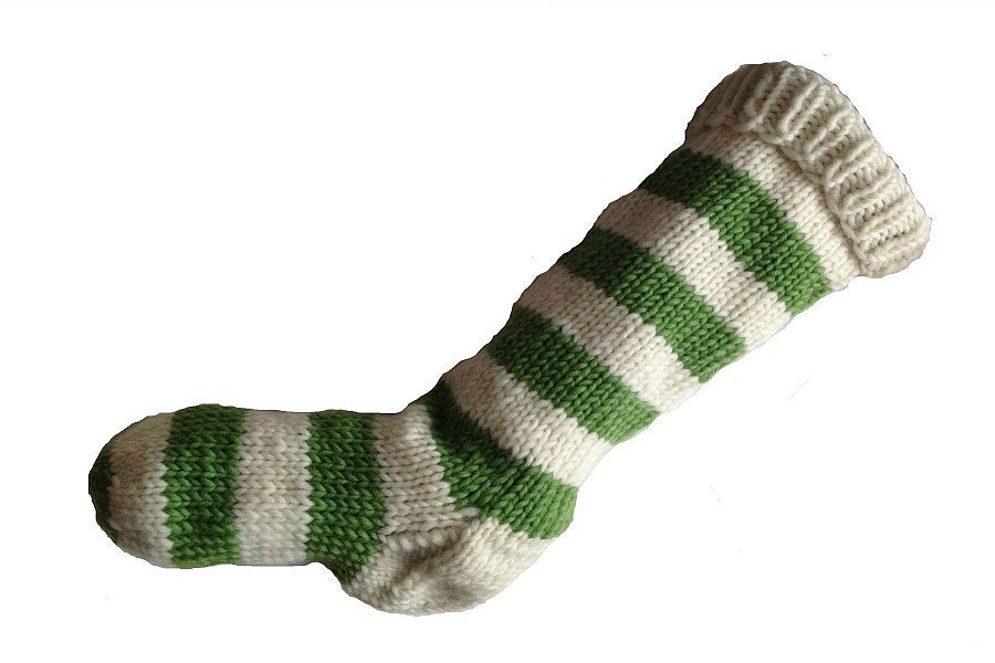 Christmas Stocking Hand Knit Natural White and Green Striped Santa Sock