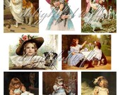 Collage Sheet Vintage Children with Pets ATC Size Digital Download