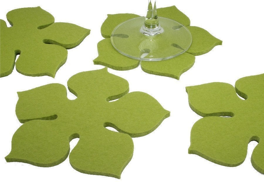 Coasters, Felt Coasters in 5MM Thick Virgin Merino Wool Felt- Flower Power-LIME