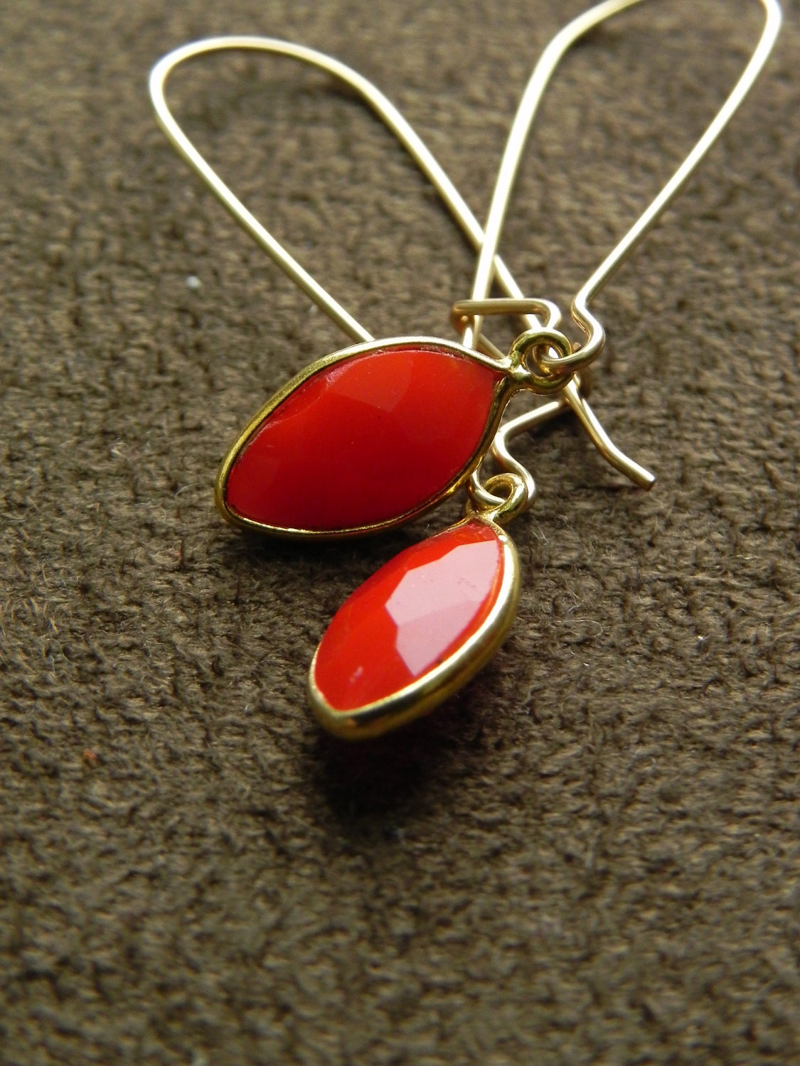 SALE Faceted Red Coral and Vermeil Marquis with Gold Fill Earrings
