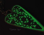 Green Glow in the Dark Heart Pendant Antiqued Brass Filigree