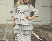Grey and Chevron Ruffled Top and Skirt Custom made by LillyAnnaKids Sizes 6-10 girls