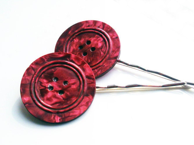Vintage Button Hair Pins Pair Big Pink Marbled Hair Decoration CLEARANCE SALE - VaudevilleGypsy
