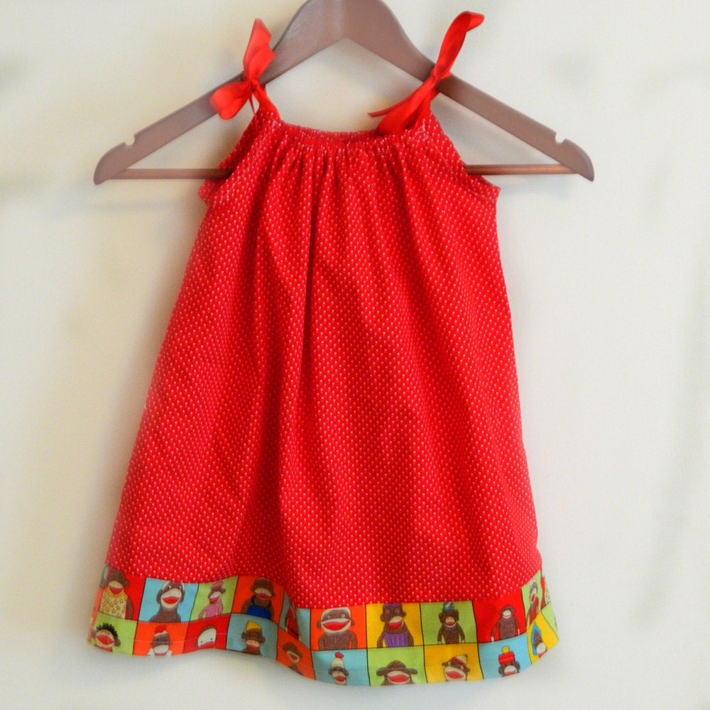 Pillowcase Dress - Red Sock Monkey - made to order 12 - 24 months - 5