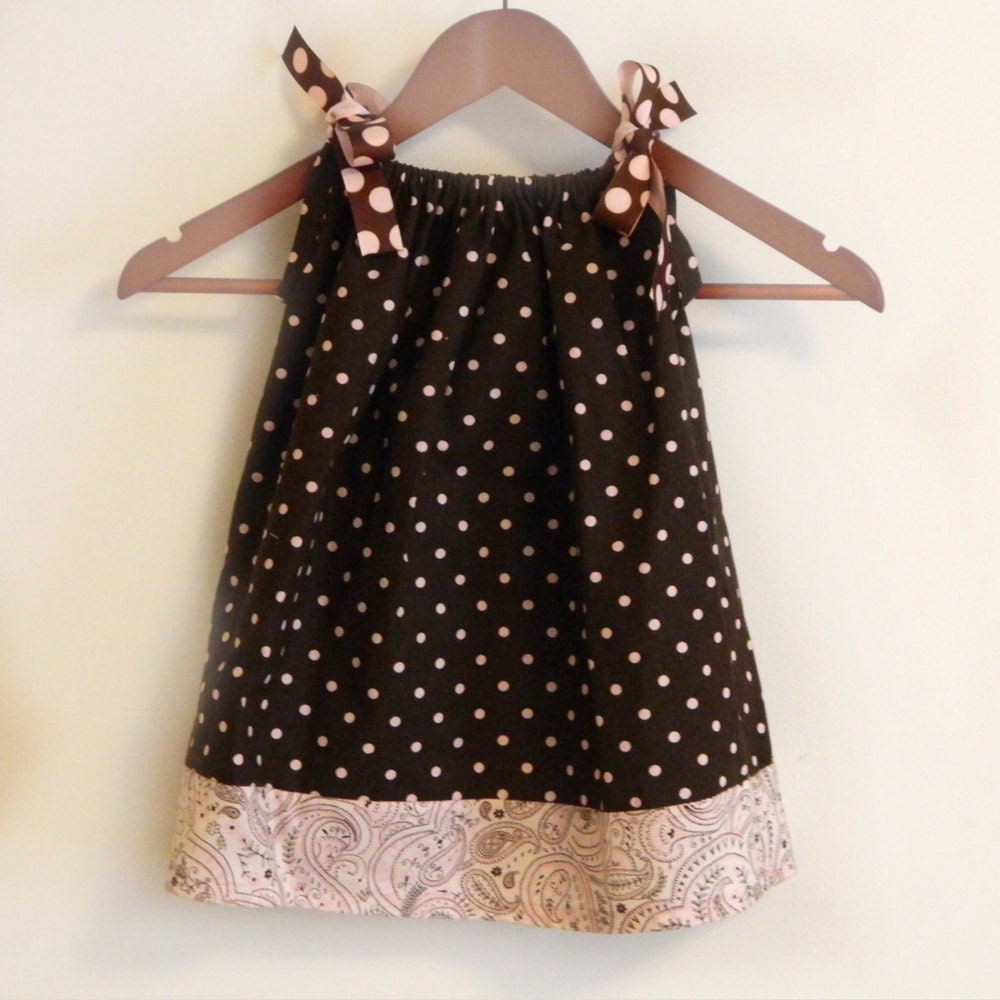 Pillowcase Dress - Brown Dot & Pink Paisley - made to order newborn 3 6 9 12 months