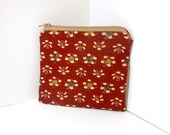 Small Zipper Pouch - Brick Red with Flowers Kimono Fabric
