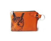 leather wallet orange owl zippered coin purse