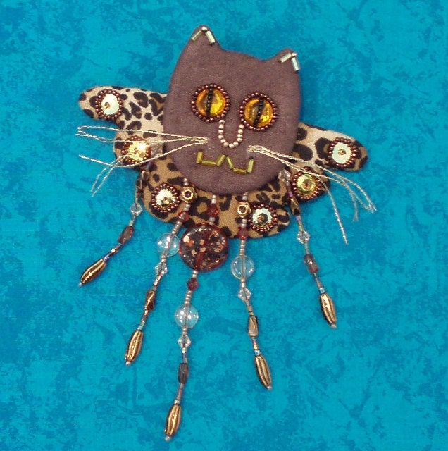 Cat jewelry: angel kitty pin, brown and leopard