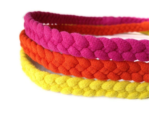 Upcycled Cotton Tshirt Headbands - 3 Pack, Pink Orange & Yellow - EcoFriendly Handmade Tshirt Yarn - Summer Fun - looneyjoontees