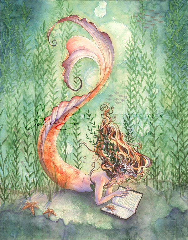 Goldfish Mermaid with Book Print - Seaweed Seashells and Starfish - Bedroom Wall Art - 8x10 inches - sarambutcher