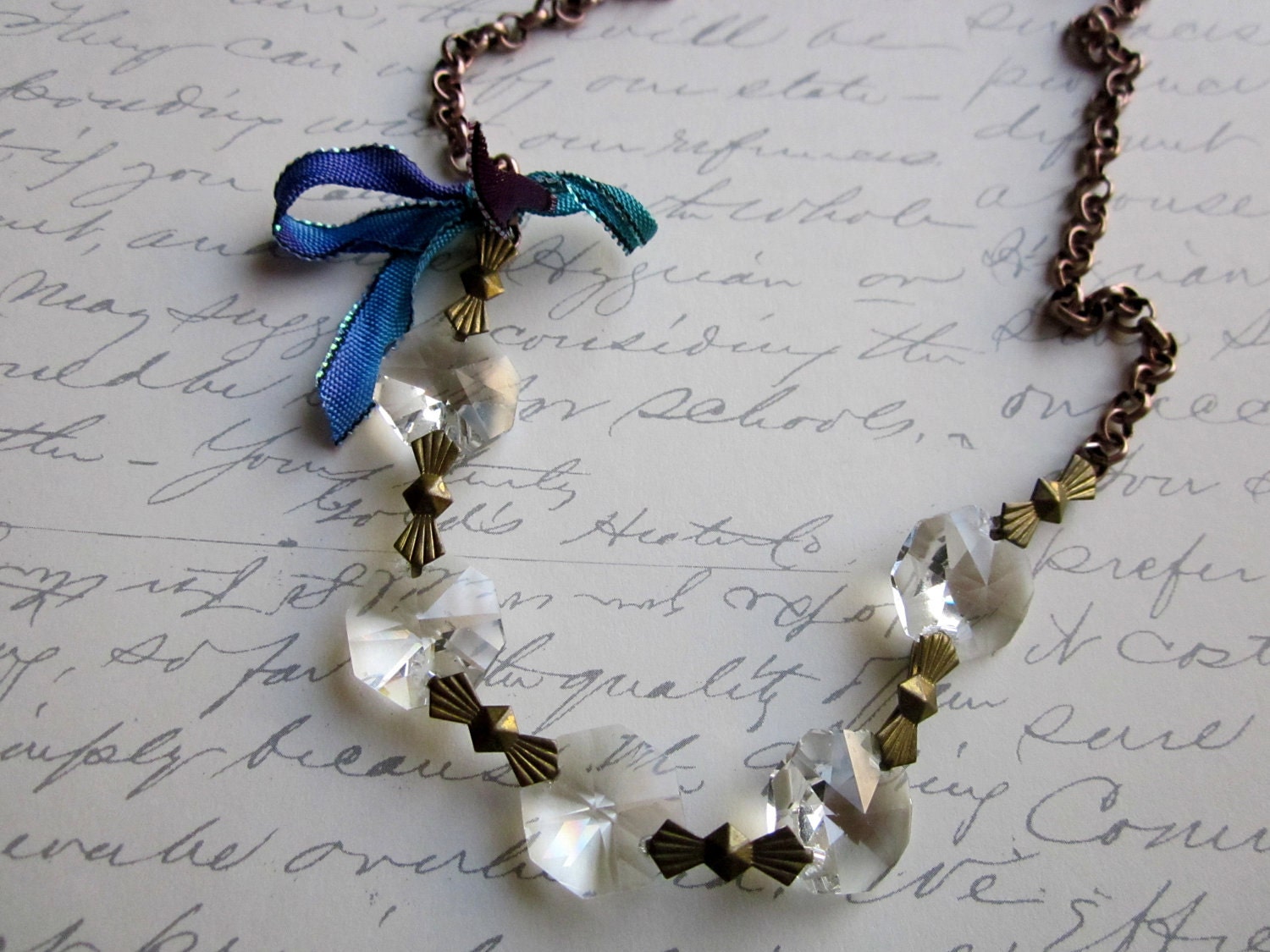 Vintage Chandelier Crystal Necklace, Antique Copper Chain