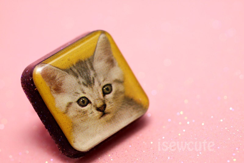 Kitten Jewelry Ring Super Cute Kawaii Adorable Tabby Cat Modern Square Adjustable Size with Glitter by isewcute