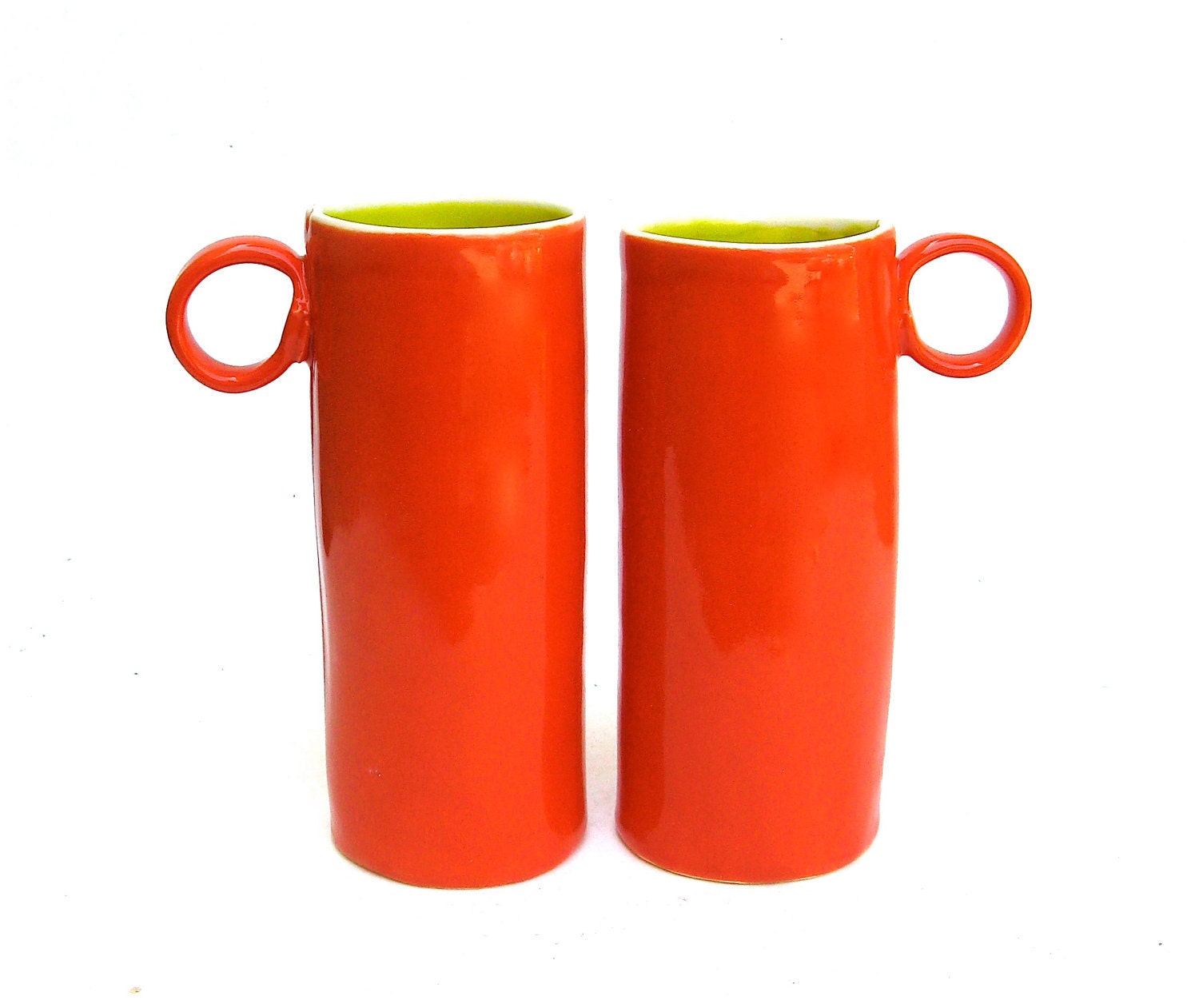 tea for two   ...  hand built whimsical coral and chartreuse cups