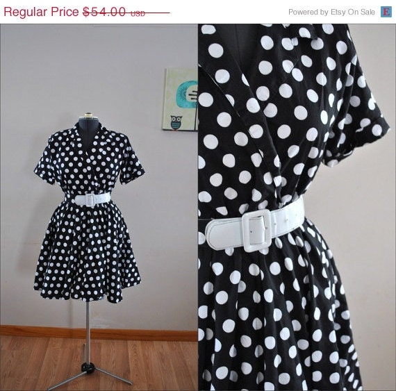 ON SALE Polka Dot Dress / Vintage Black & White Polka Dot Dress / Pin Up Style Polka Dot Dress / Vintage 1980s Black and White Polka Dot Sh