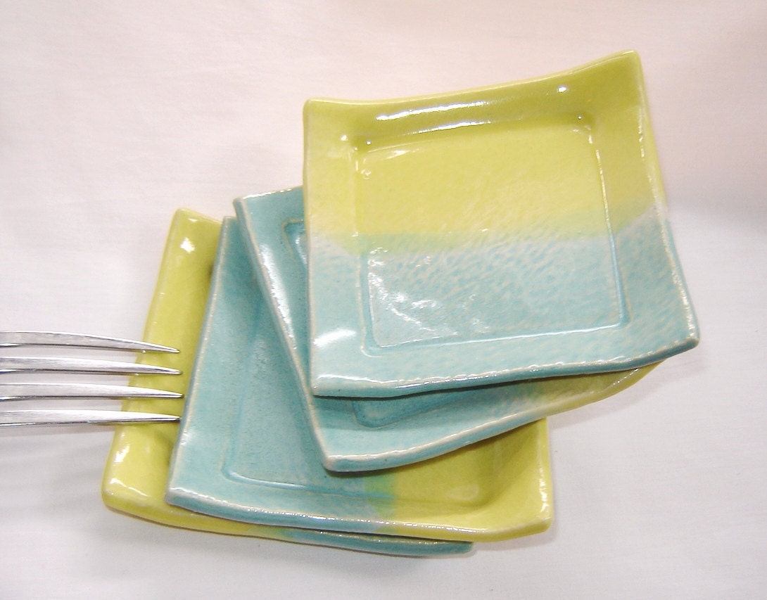 Spring Plate Set of 4 for Serving Tapas in Turquoise and Pale Yellow