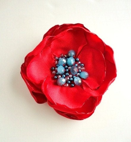 BEADED FLOWER BROOCH, Summer Tomato Red and Cool Blue, Beads, Layered Petals, hipster trendy, Casual Decorative Beaded, Pin - stephanieh02