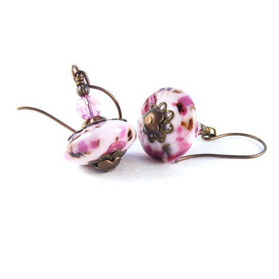 Pink Lampwork Glass Earrings, Handcrafted Victorian Style Floral Rose Garden & Vintaj Brass, OOAK