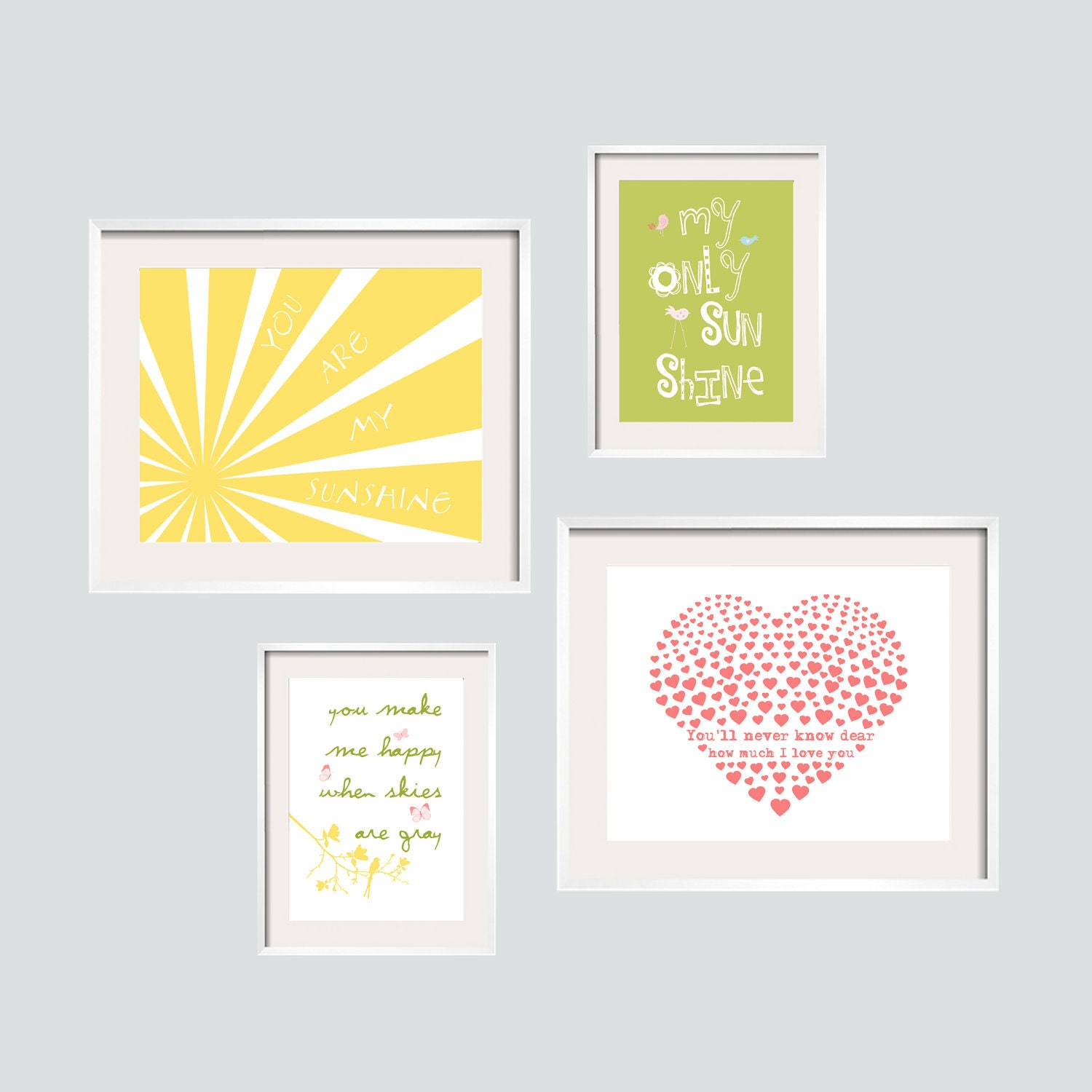 Eclectic Style You Are My Sunshine Prints in yellow, light and apple greens and coral pink.4 pc Set 8x10 and 5x7  FREE SHIPPING