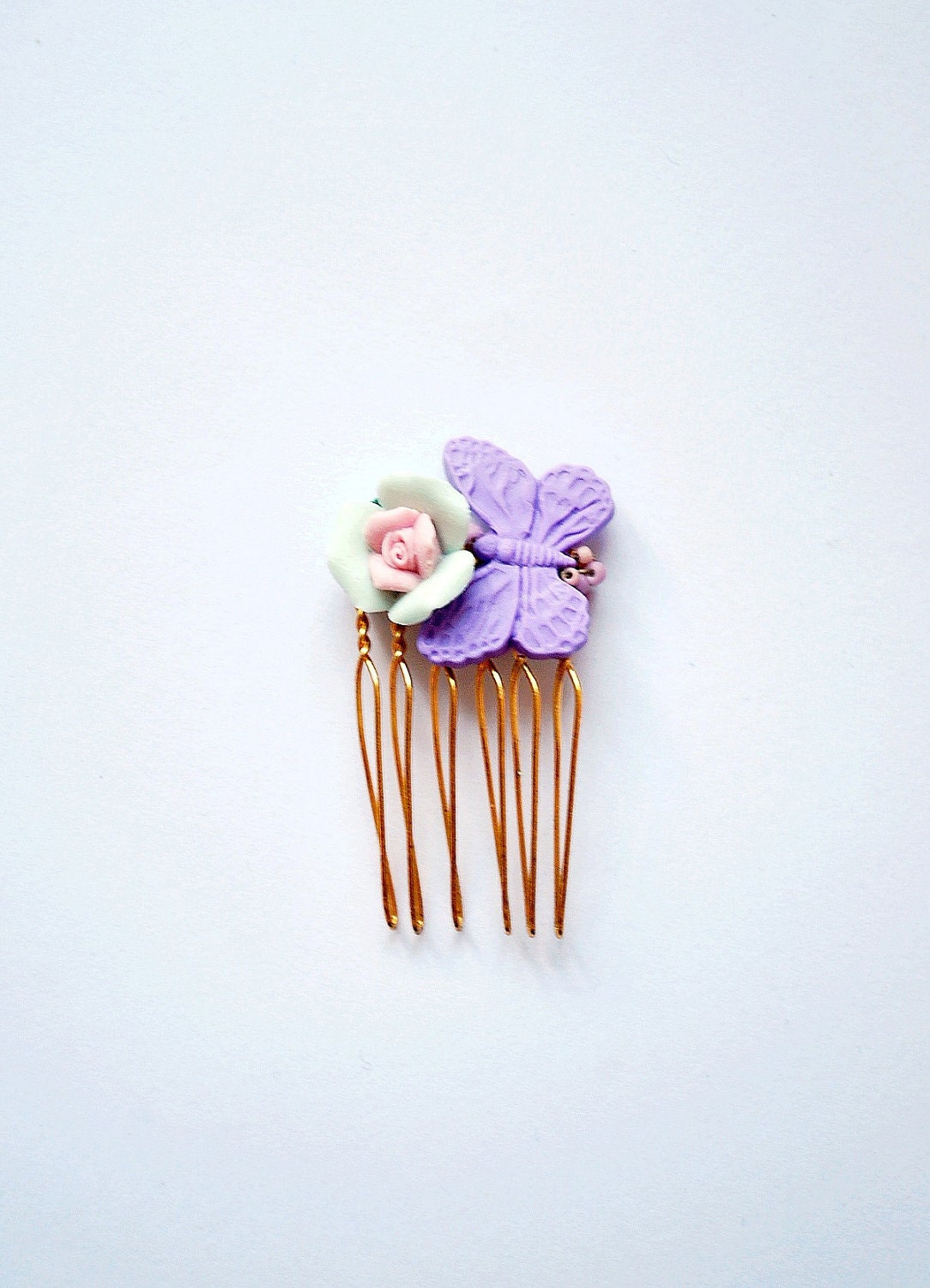 Little hair comb with a pastel rose and a butterfly - a romantic hair adornment piece in mint, pastel rose and lavender, a graceful detail - missbabacilu