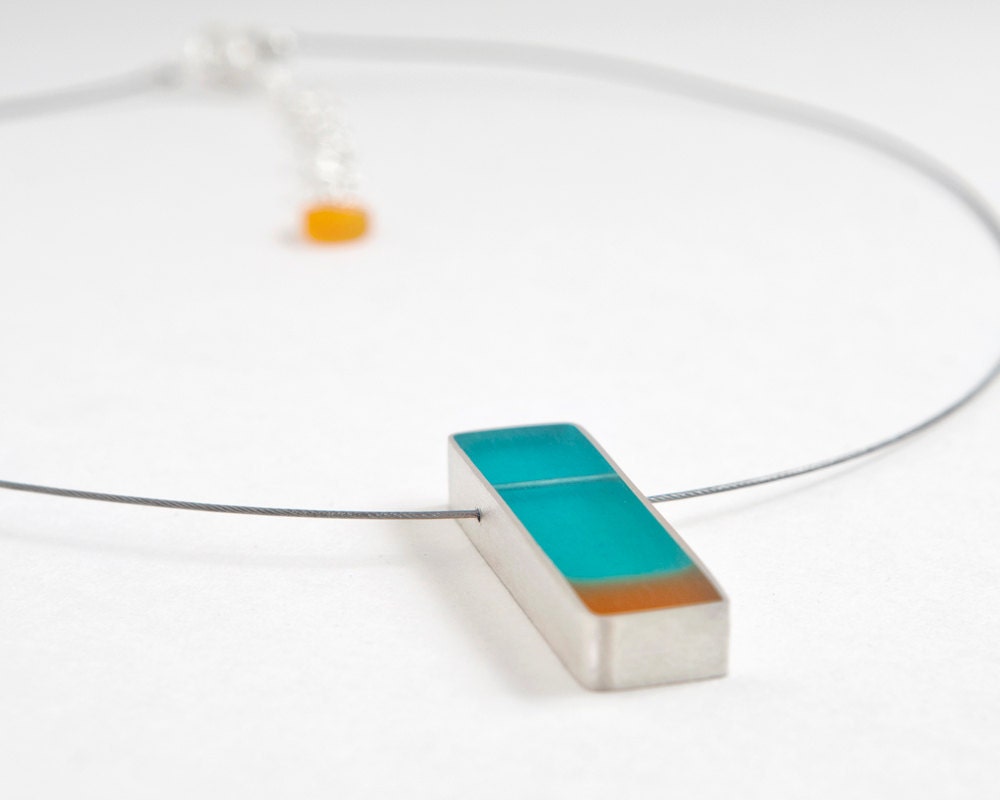 Fix You cable necklace in aqua/teal and orange resin and sterling silver - Mother's Day gift - LollyJoLolli