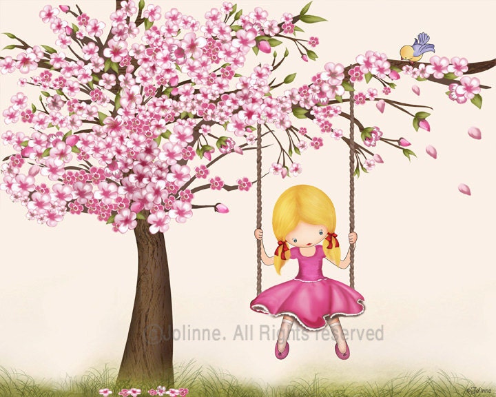 Girls room wall art picture, cherry blossom tree, pink, nursery decor, kids art, girl swinging from a tree