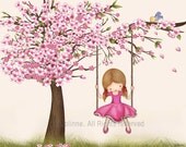 Cherry blossom kids room decor, girl swinging, pink wall art, nursery art, nature inspired spring children art