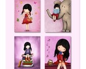 Girls wall art prints, nursery wall decor, children art, kids room decor, purple, pink, elephant , owl , books , Set of 4 prints