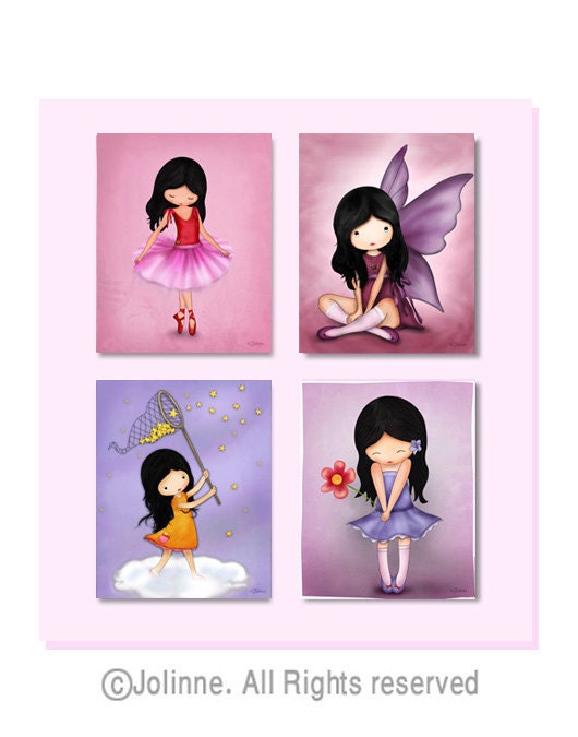 Girls nursery wall art print , kids room decor paintings , children art prints set on sale , pink purple room decor, fairy angel art