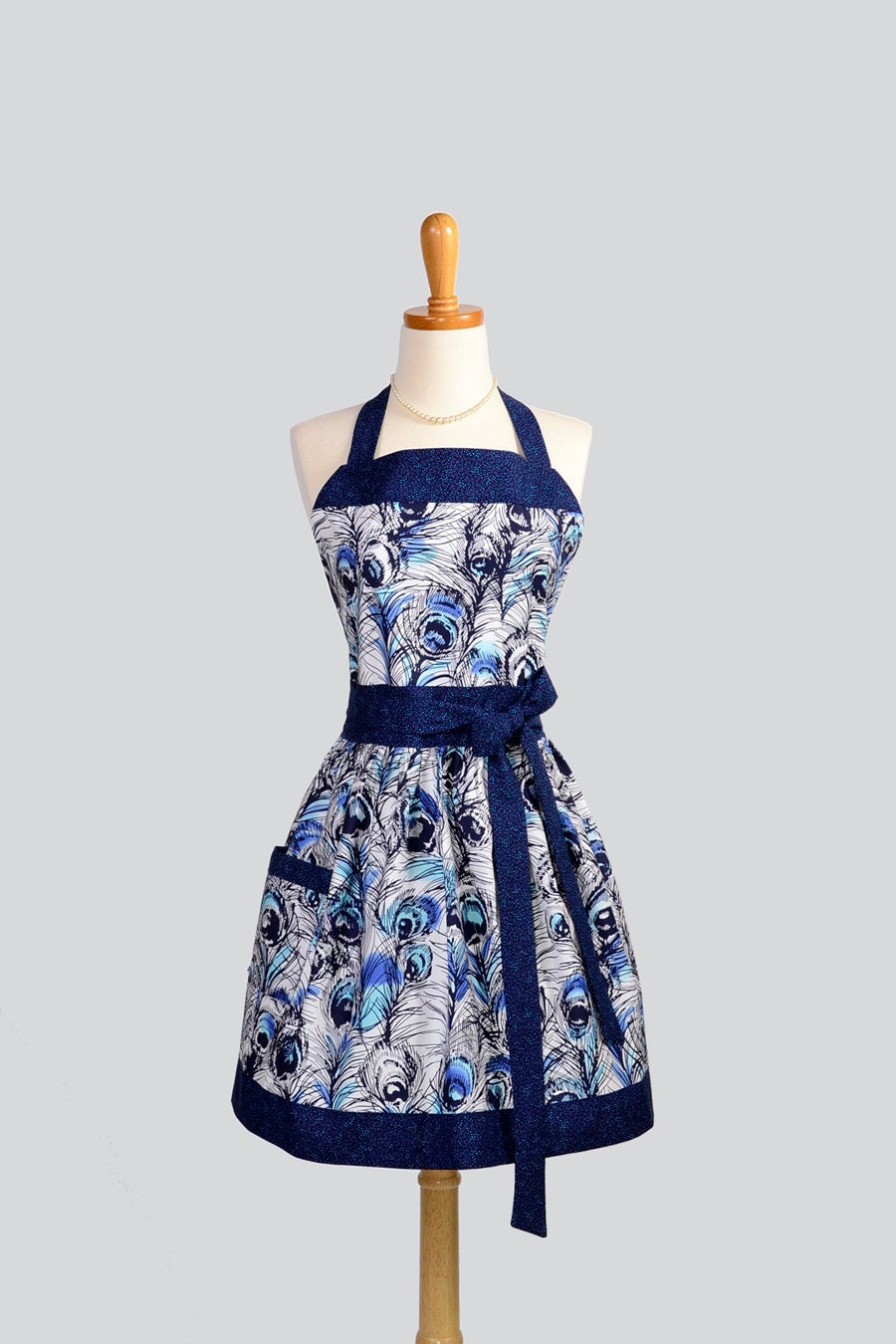 Womens Classic Bib Apron - Handmade Elegant and Feminine Navy and Turquoise Blue Peacock Feathers