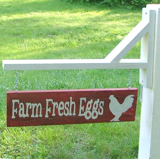 Farm Fresh Eggs Sign with Bracket for Hanging (Barn Red with Crackle)