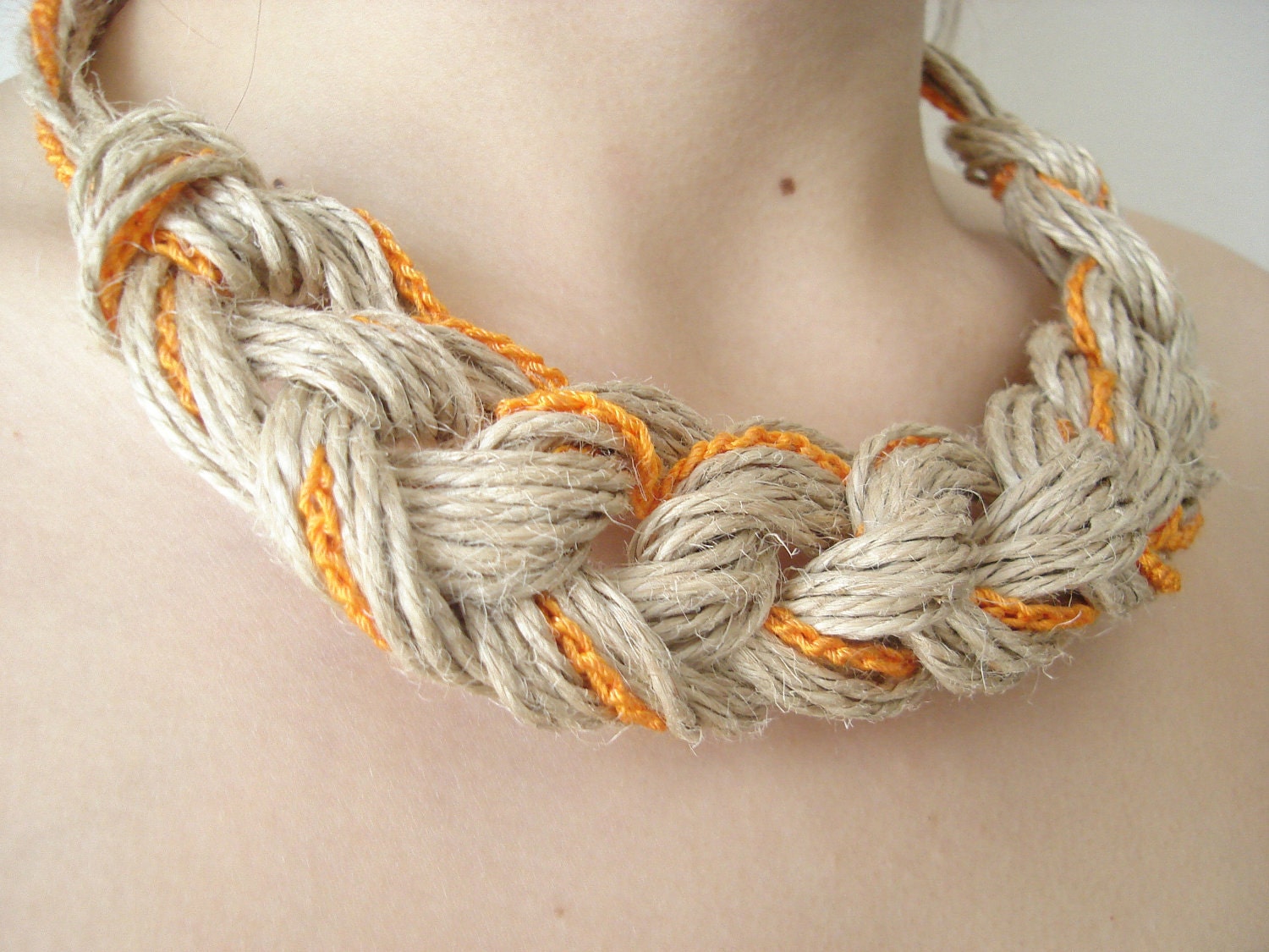 linen necklace,Organic, Orange and linen... - vyldanstyl