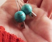 Turquoise Magnesite Square silver earrings, flattering and long sterling silver earrings, small,simple and traditional jewelry