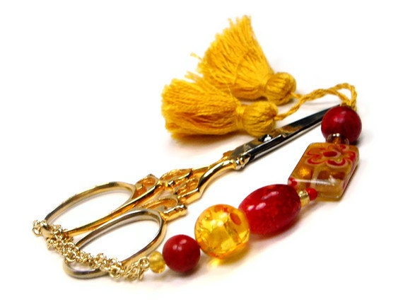 Scissor Fob Fiery Beaded Red and Golden Needlepoint Sewing Cross Stitch Quilting Accessory