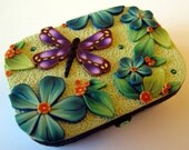 Purple Dragonfly Sewing Needle Case Hinge Top Tin