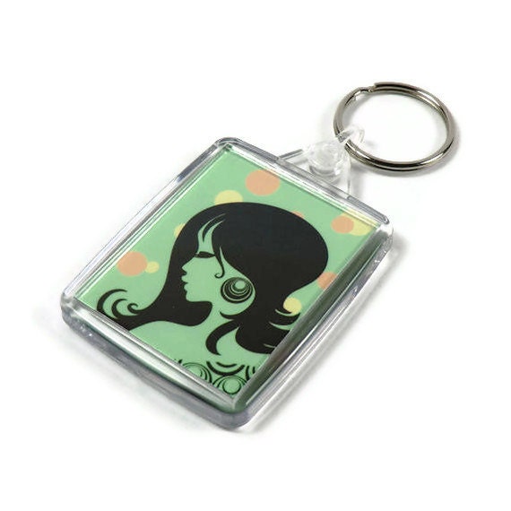Green Keychain, Keyring, Acrylic, Disco, Retro, Lady