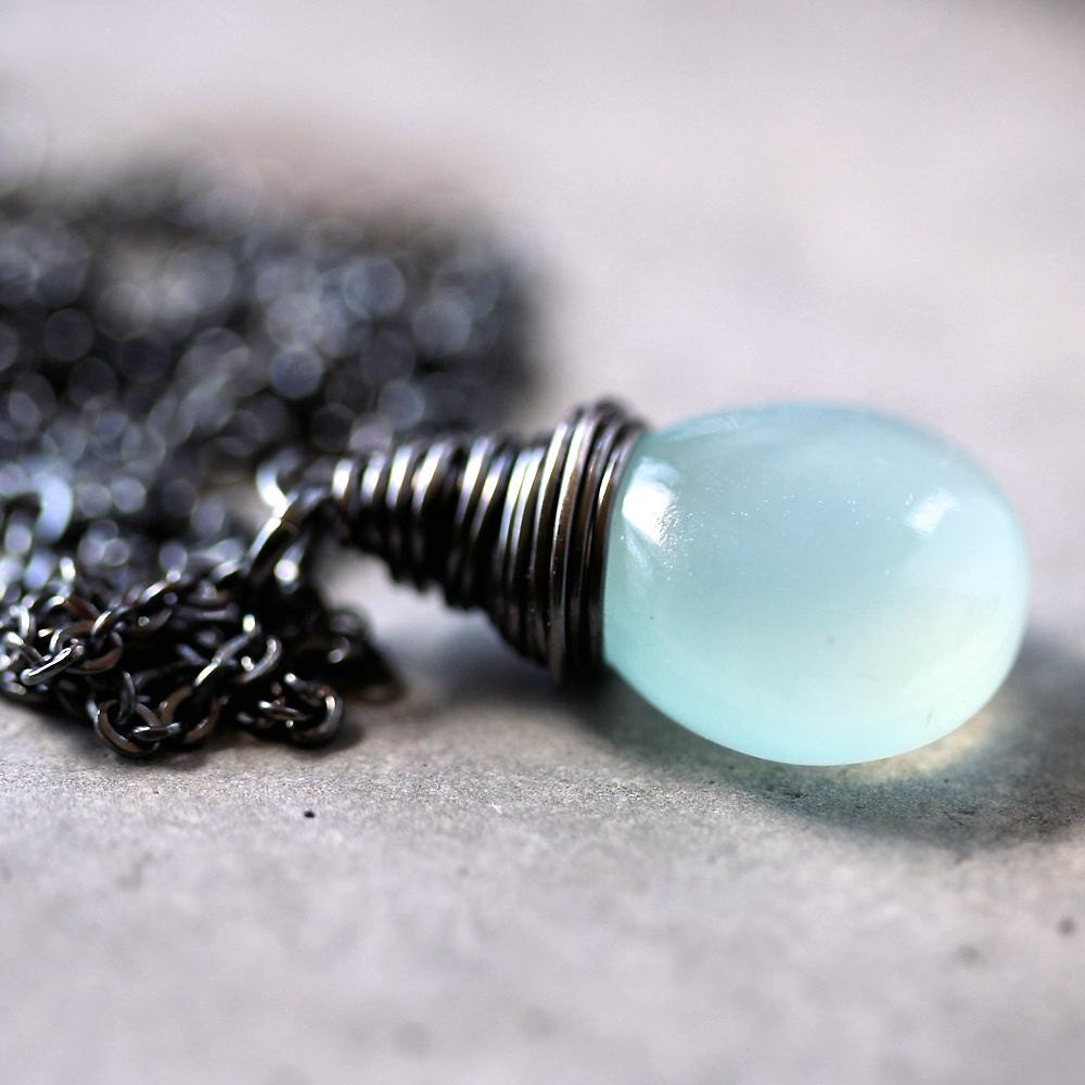 Aqua Chalcedony Necklace, Pastel Seafoam Blue Green Chalcedony Oxidized Sterling Silver Necklace Summer Fashion  - Coastline