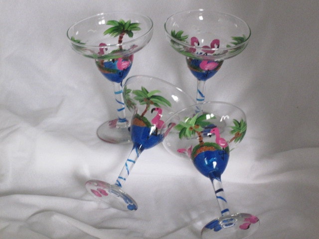 Hand Painted Margarita Glasses with Flamingos NEW