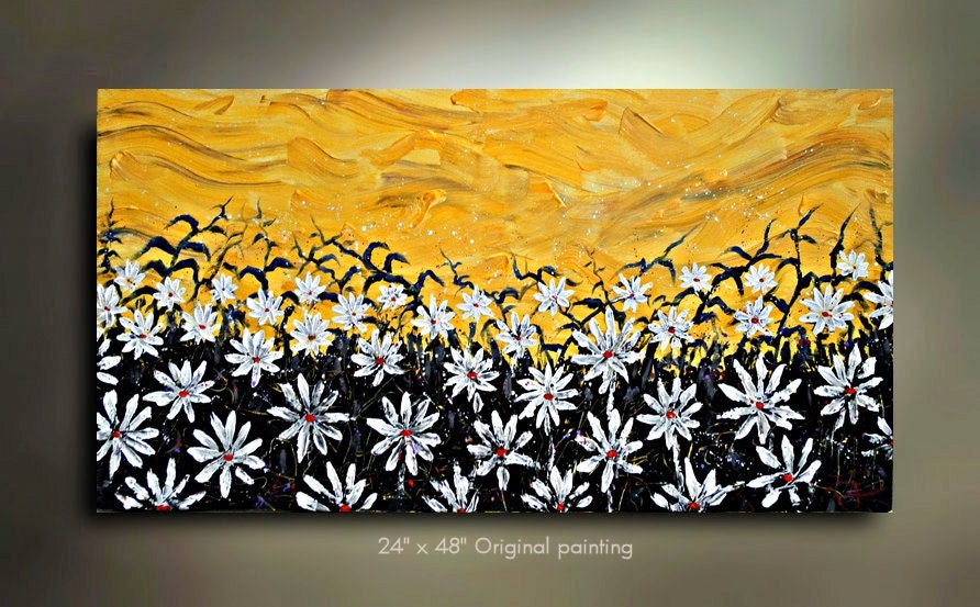 ORIGINAL White Daisy Flower Painting Abstract Landscape Artwork Flowerscape Heavy Textured 48x24 Modern Contemporary art by OTO