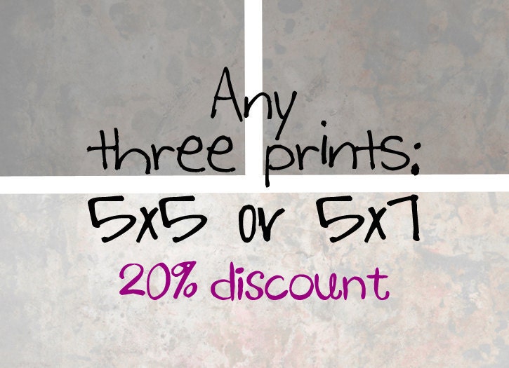 Custom photograph choice, any three 5x5 or 5x7 prints, nature photography, sale, discount. Free domestic shipping.