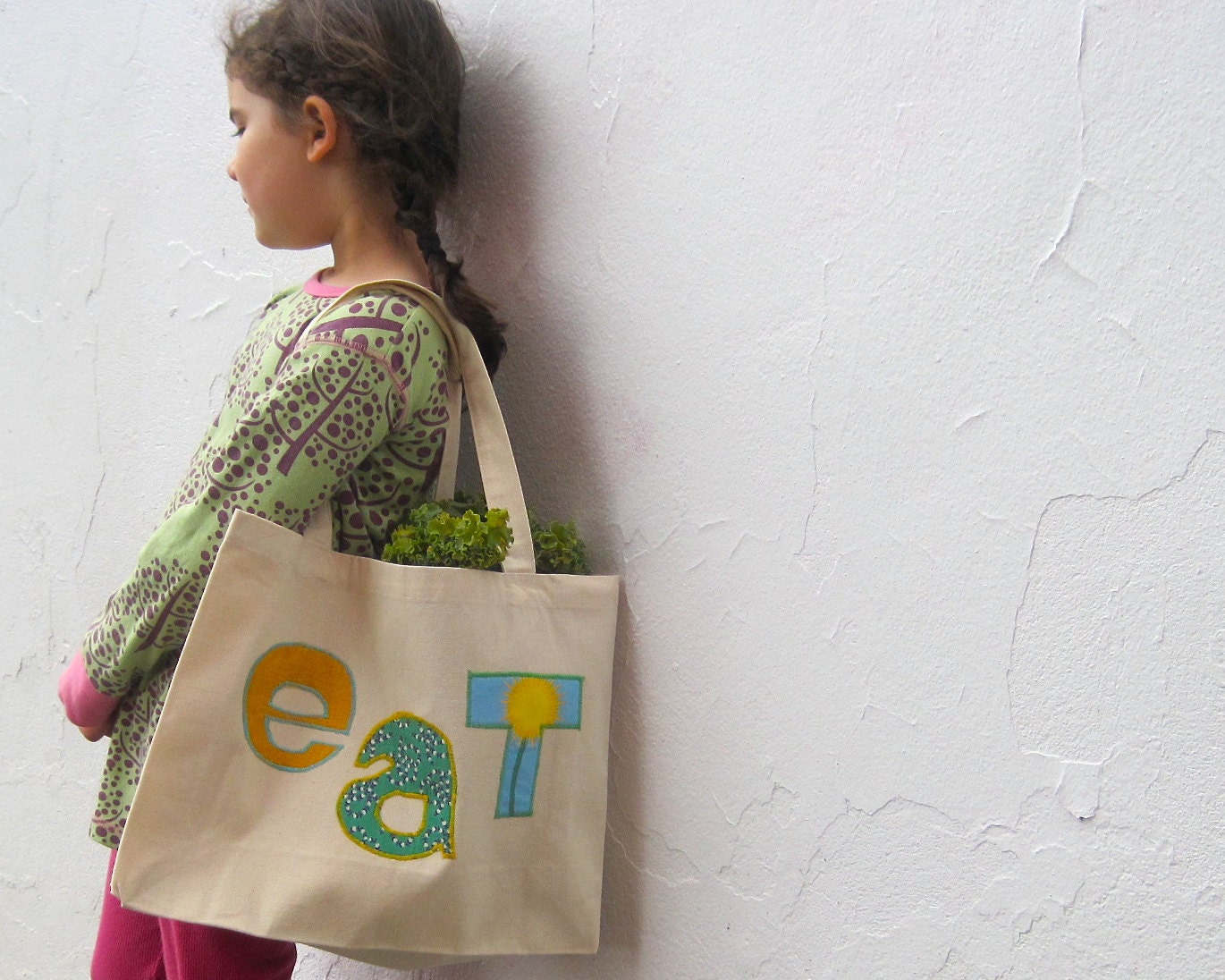 Organic Bag - tote bag / farmer's market summer food bag in mustard green and blue (ONLY 1 - ready to ship) Father's Day gift idea