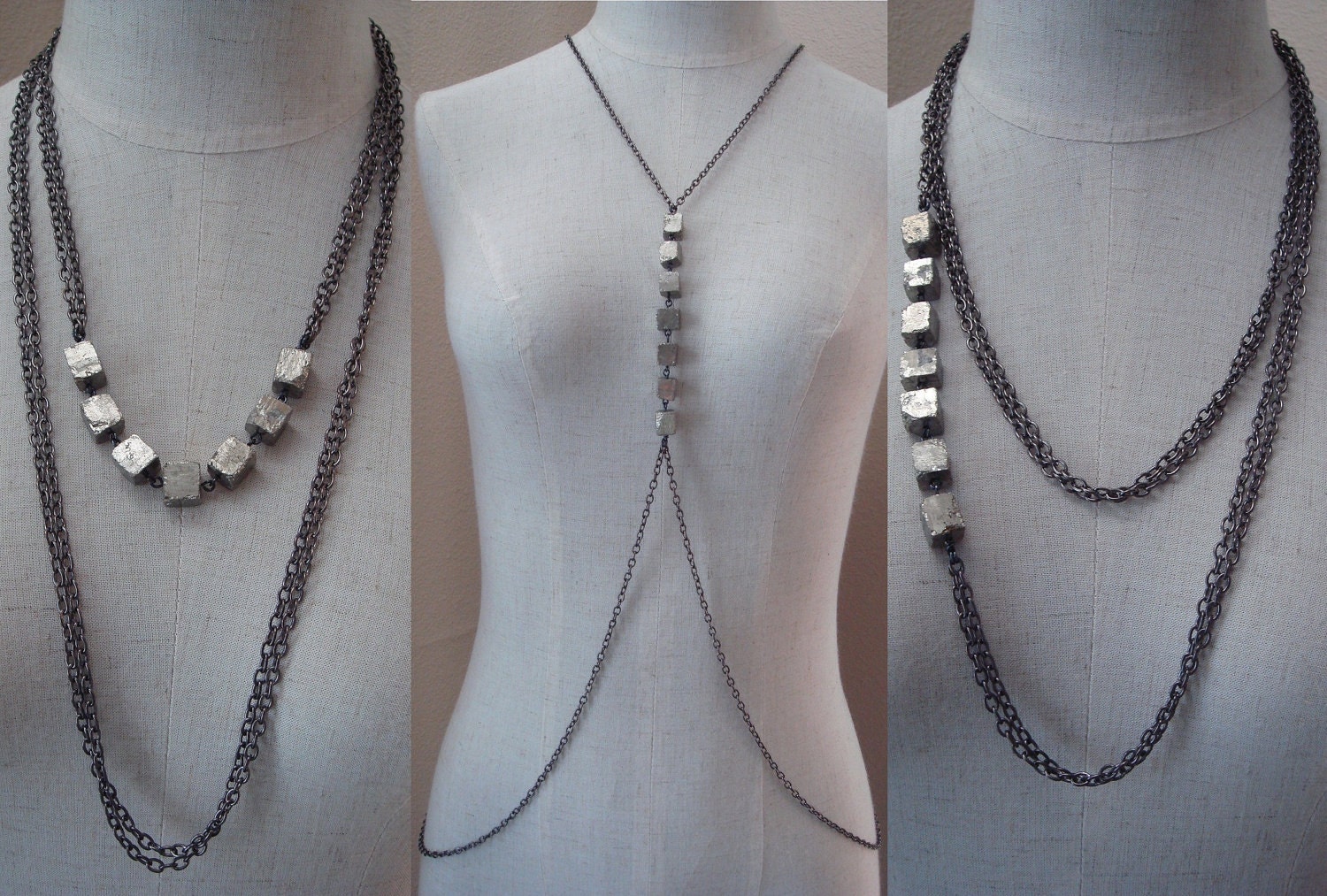 Body Harness Chain Jewlery, Convertible Combo Necklace, with Pyrite Cubes, Original Design by TTEREVE