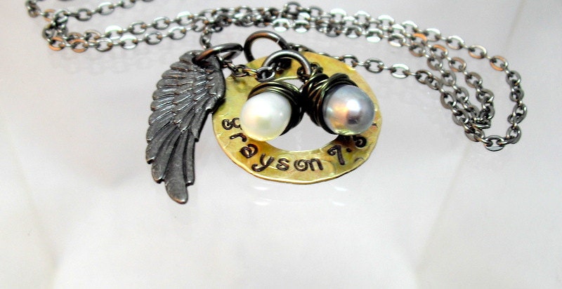 Steampunk Handstamp Necklace - Peacock Black Pearl - Rustic Brass Washer - Gunmetal Angel Wing Charm - Jewelry - Gunmetal Necklaces