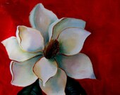 Magnolia on Red, an original oil painting by Jo Edwards