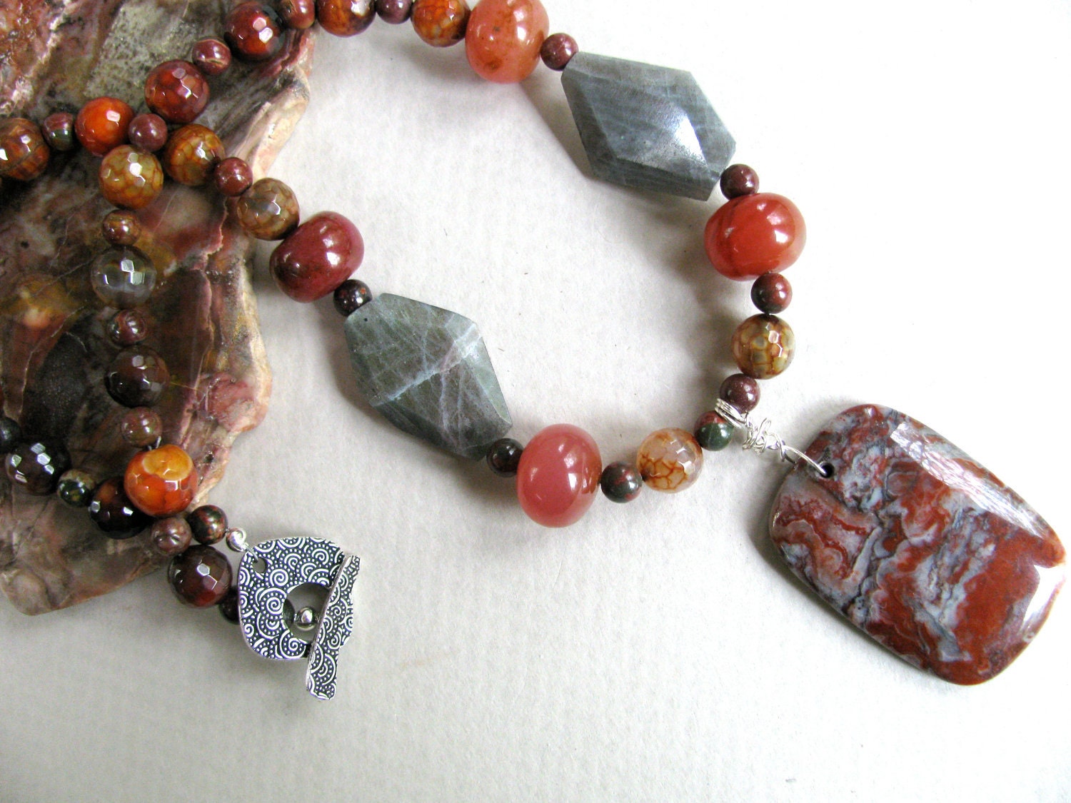 Crazy Lace Agate with Labradorite necklace 280