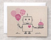 Robot Birthday Card - Pink, Happy Birthday Card, Kawaii Robot Card, Eco-friendly Card