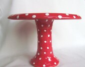 Cupcake Pedestal Plate Bright Red White Polka Dots Pottery - CenteredClayWorks