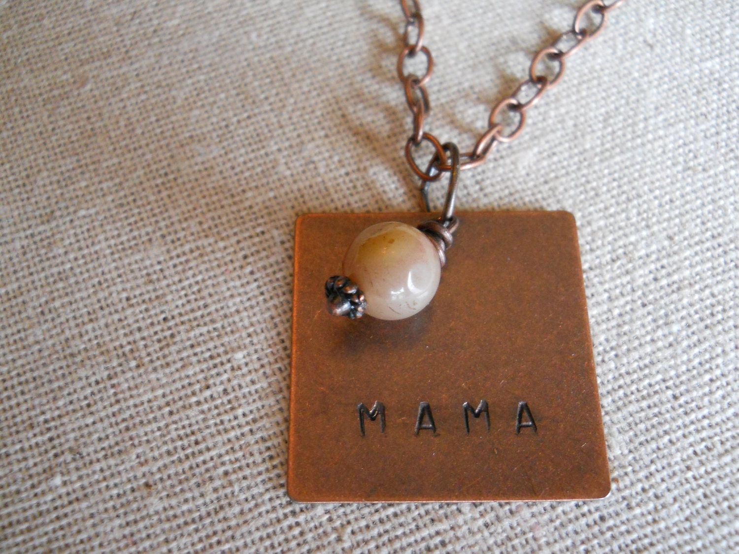 Handstamped Necklace, Copper "MAMA" Square with Camel Natural Stone Bead Charm, Great Mother's Day, Bday, New Mother Gift - HandstampedOriginals
