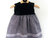 Unique vintage style girls dress (3-6 months) - hand crochet and cotton fabric with co-ordinating ribbon