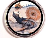 Art Deco Art Nouveau Mermaid on Beach Umbrella Pill Box Pillbox Case Trinket Box Vitamin Holder